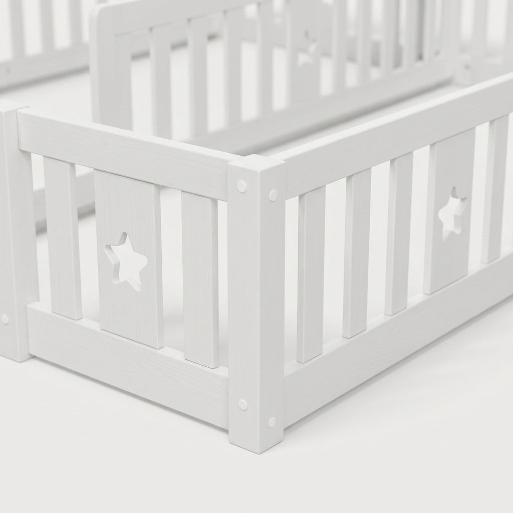 Montessori double bed for floor mounting with star-shaped side rails