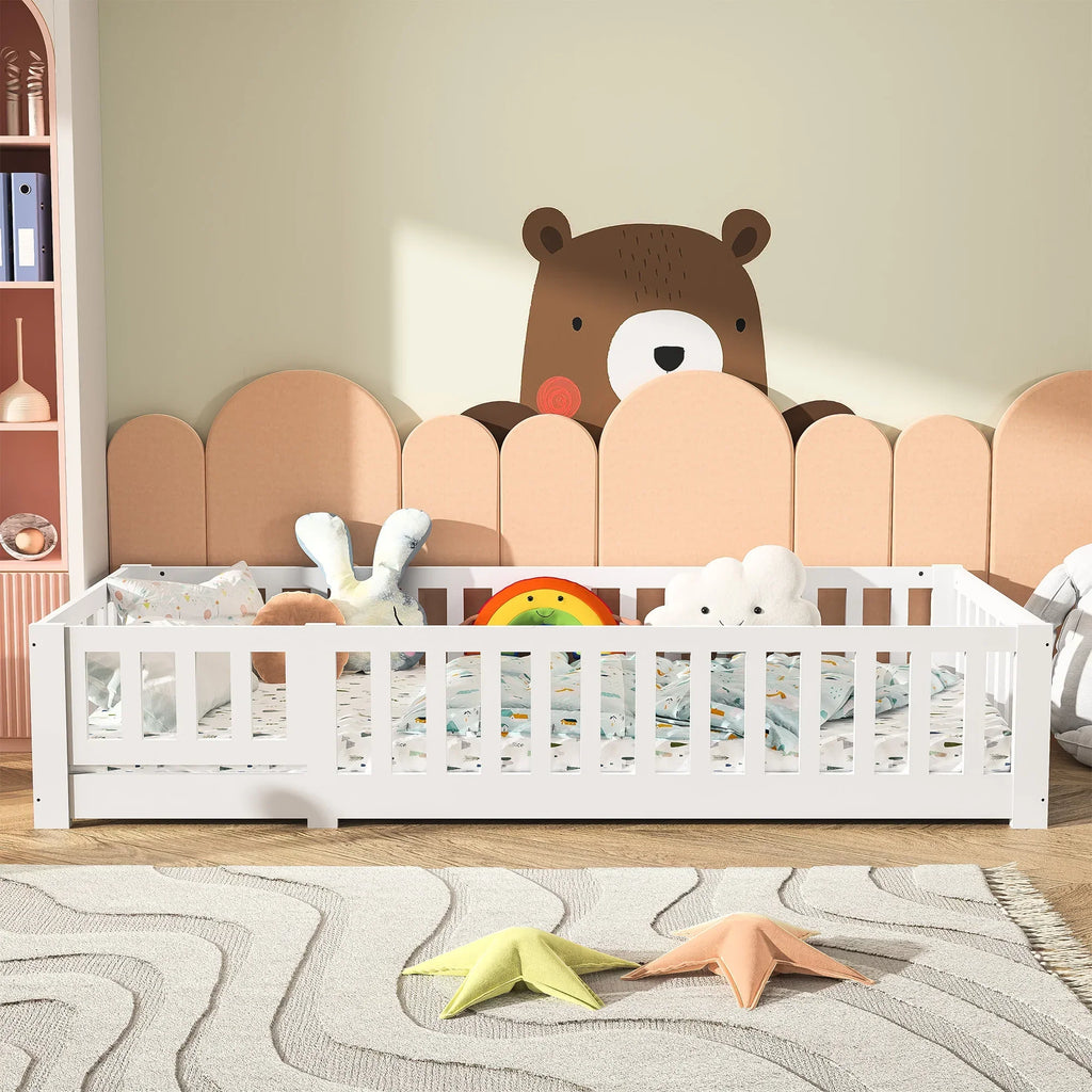 Montessori floor bed made of white solid wood