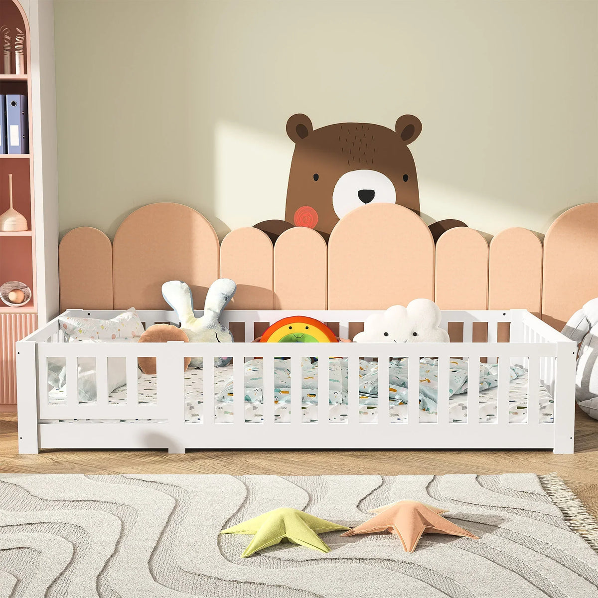 Montessori floor bed made of white solid wood