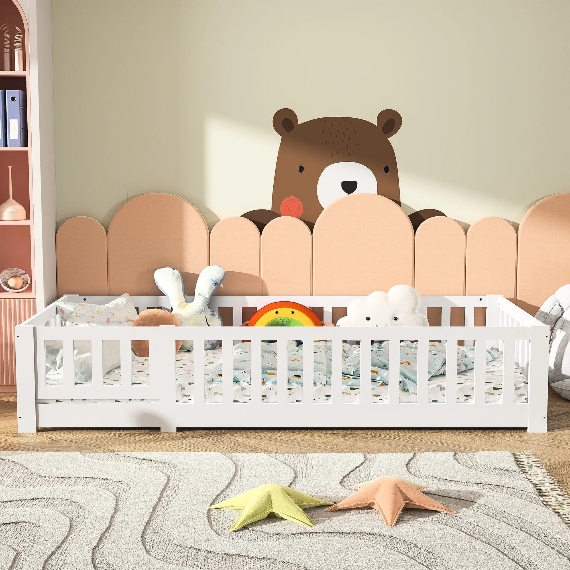 Montessori floor bed made of white solid wood