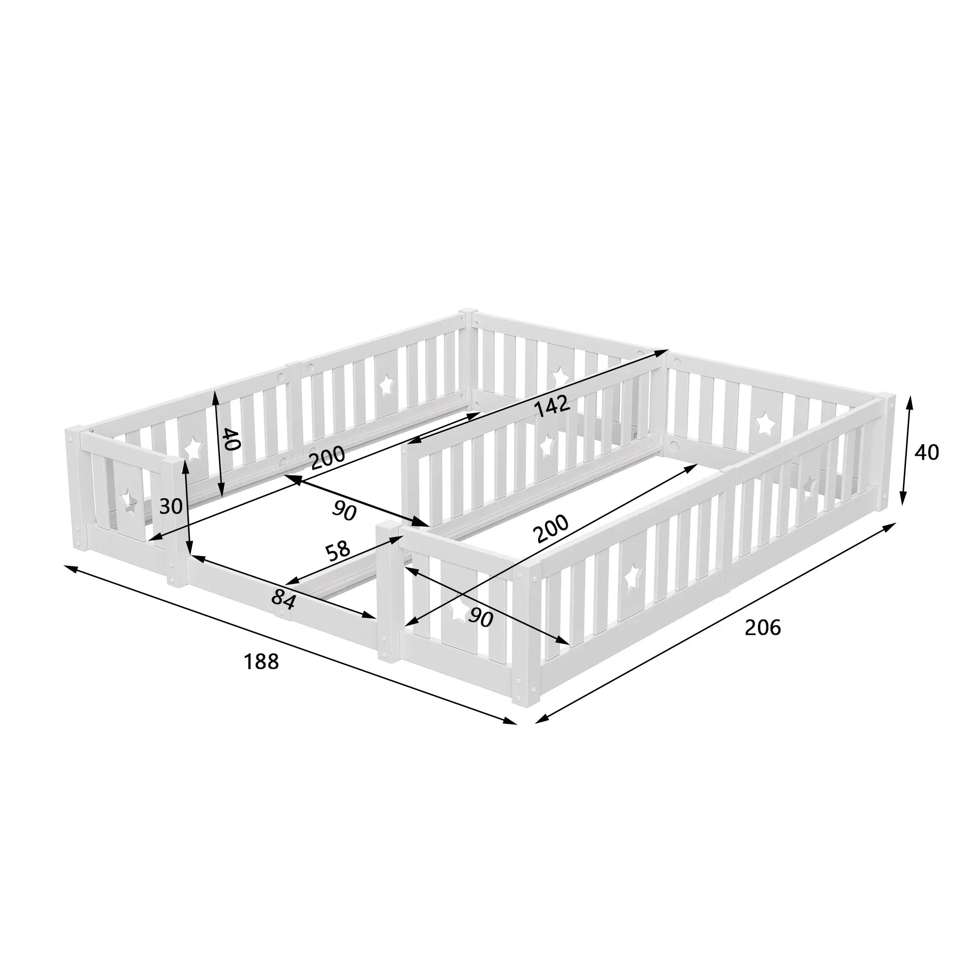 Montessori double bed for floor mounting with star-shaped side rails