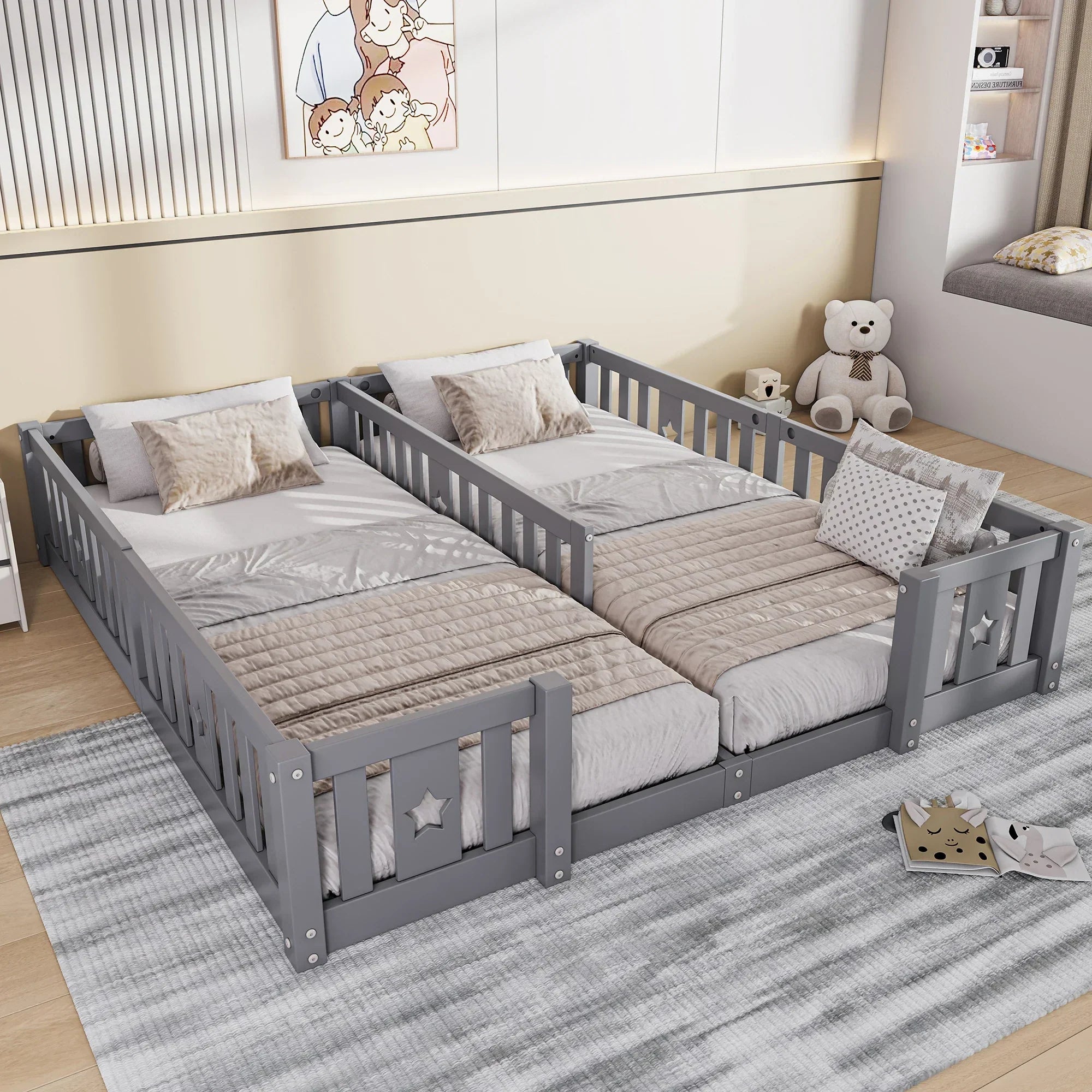 Montessori double bed for floor mounting with star-shaped side rails