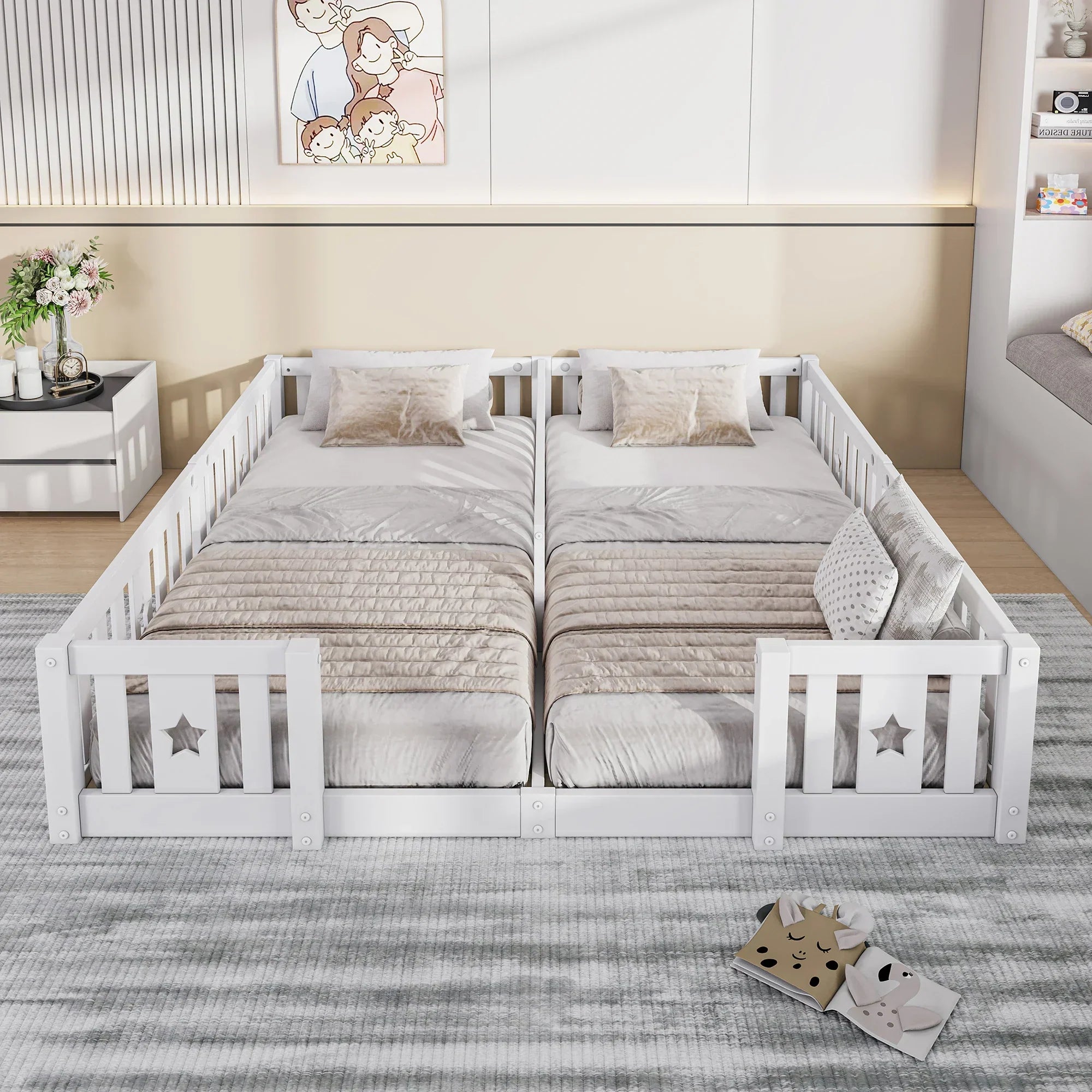 Montessori double bed for floor mounting with star-shaped side rails