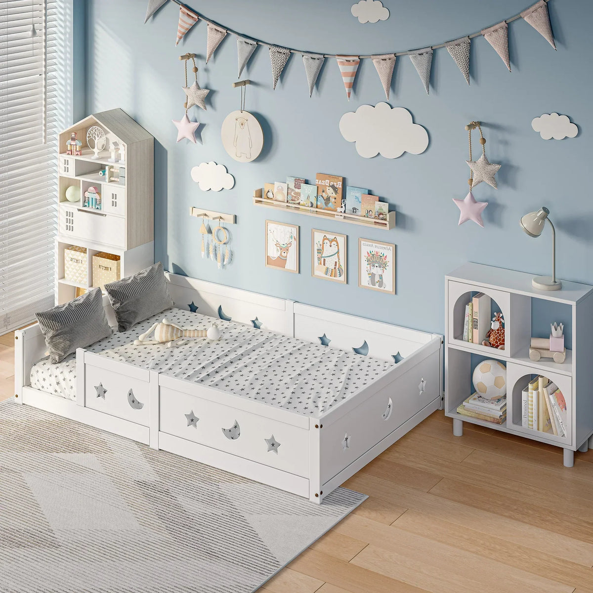 Montessori floor bed with moon and star motif