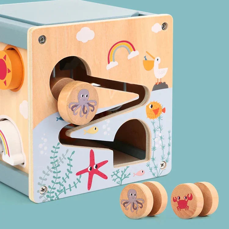 Montessori wooden activity cube