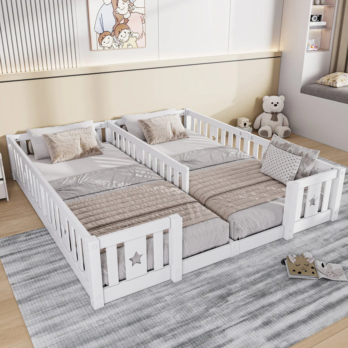Montessori double bed for floor mounting with star-shaped side rails