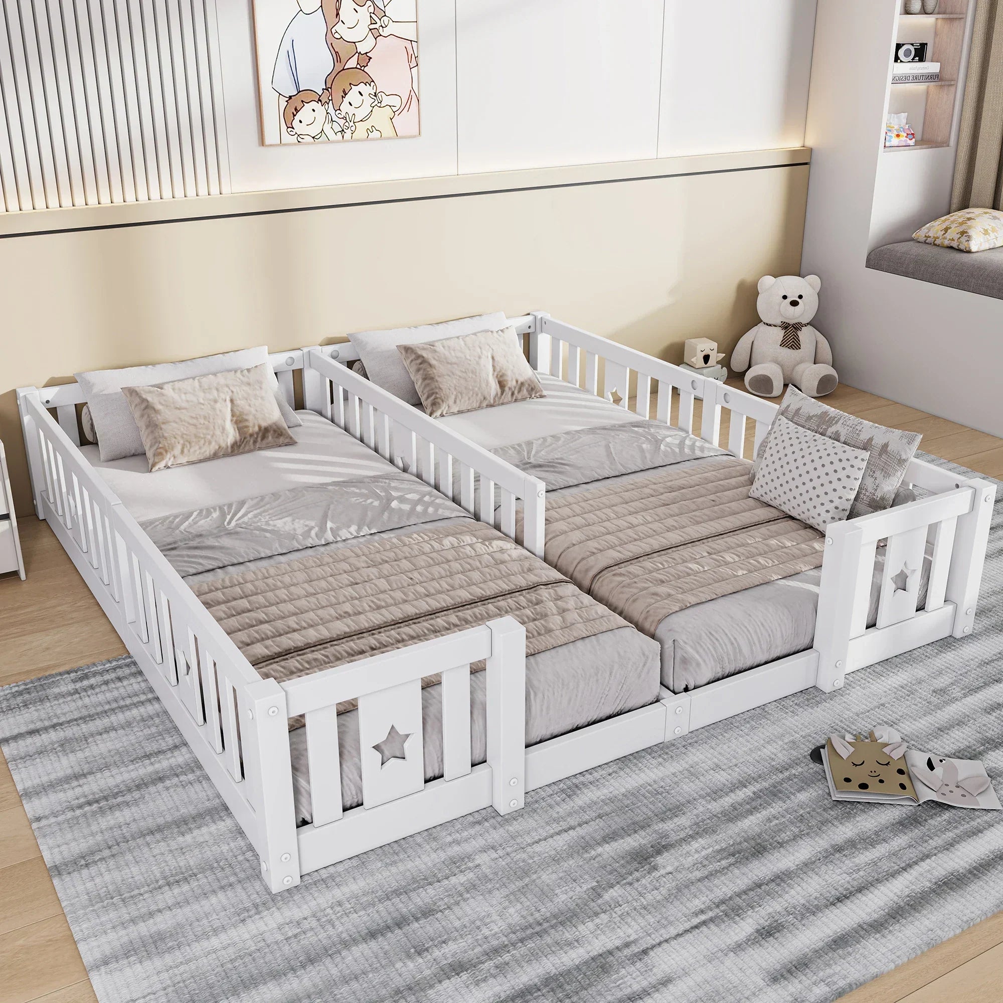Montessori double bed for floor mounting with star-shaped side rails