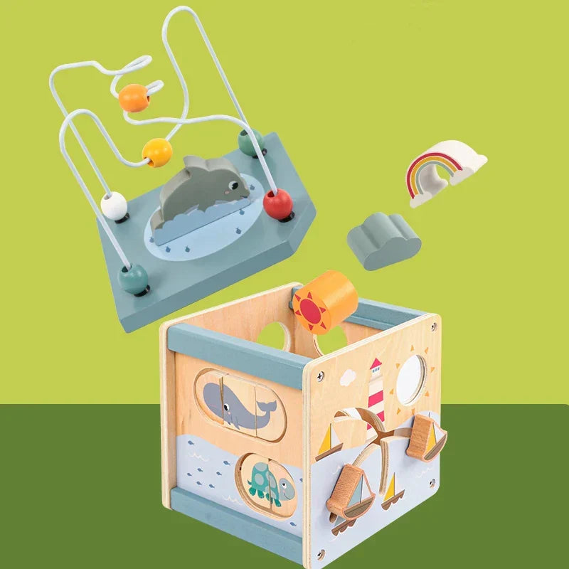 Montessori wooden activity cube