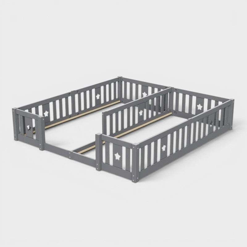 Montessori double bed for floor mounting with star-shaped side rails