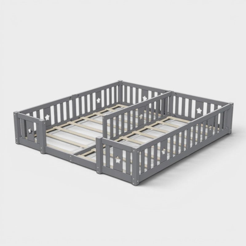 Montessori double bed for floor mounting with star-shaped side rails