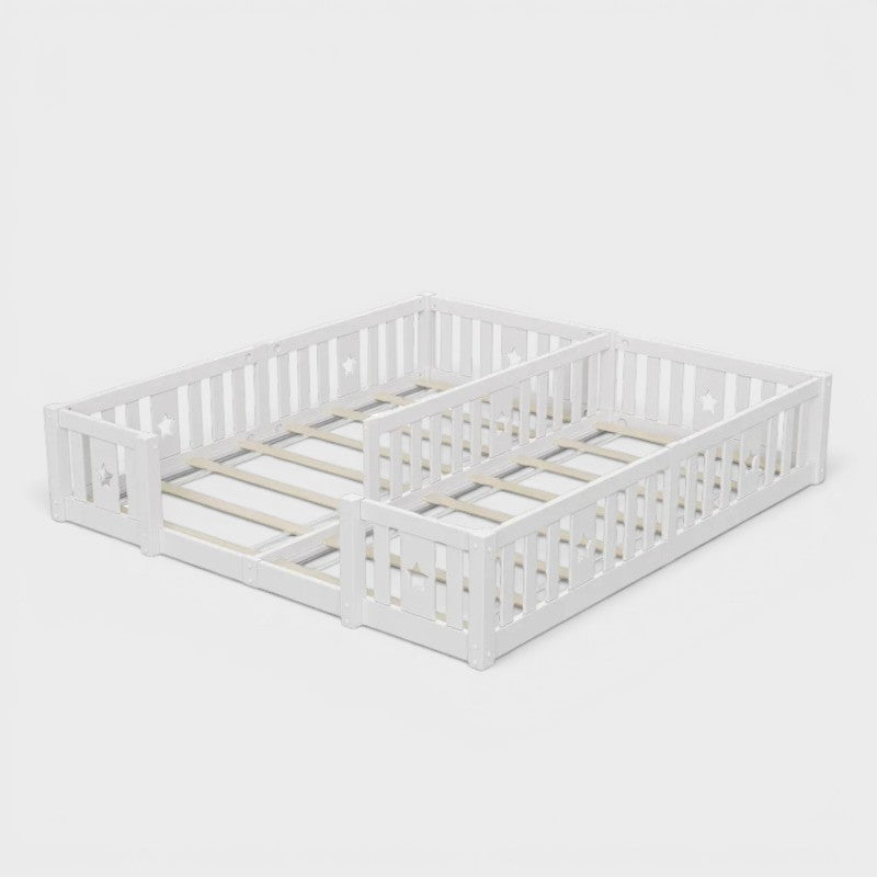 Montessori double bed for floor mounting with star-shaped side rails